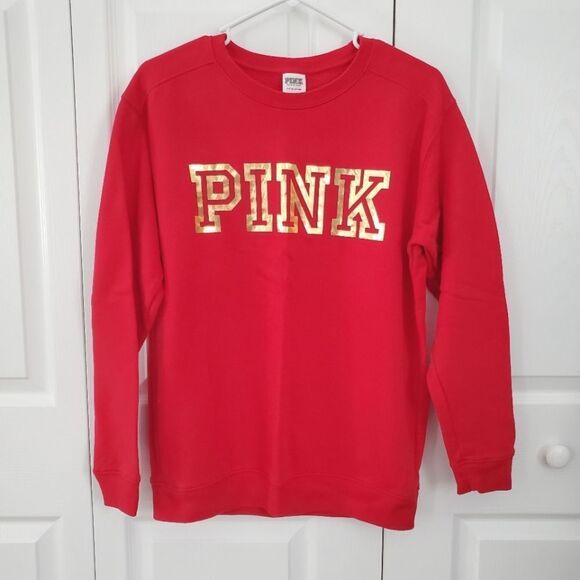 PINK VICTORIA'S SECRET Red Crewneck Sweatshirt with Gold Spellout Logo - Picture 1 of 4